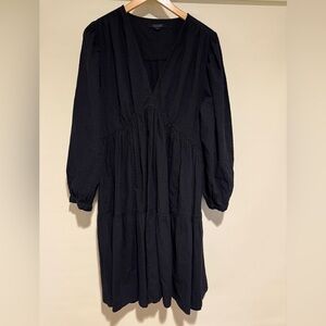 All Saints Black Cotton Midi Dress with V neck and Long Sleeves, size 10